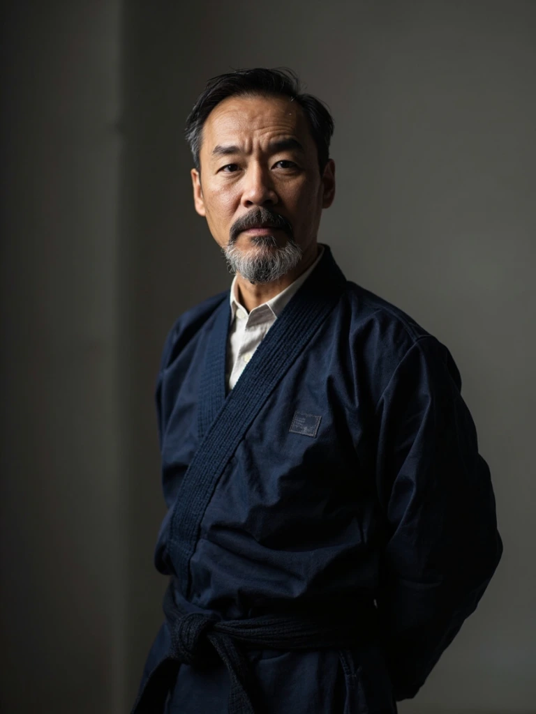 Sensei Hiroshi Tendo in the Brooklyn dojo wearing a kendo gi and hakama.